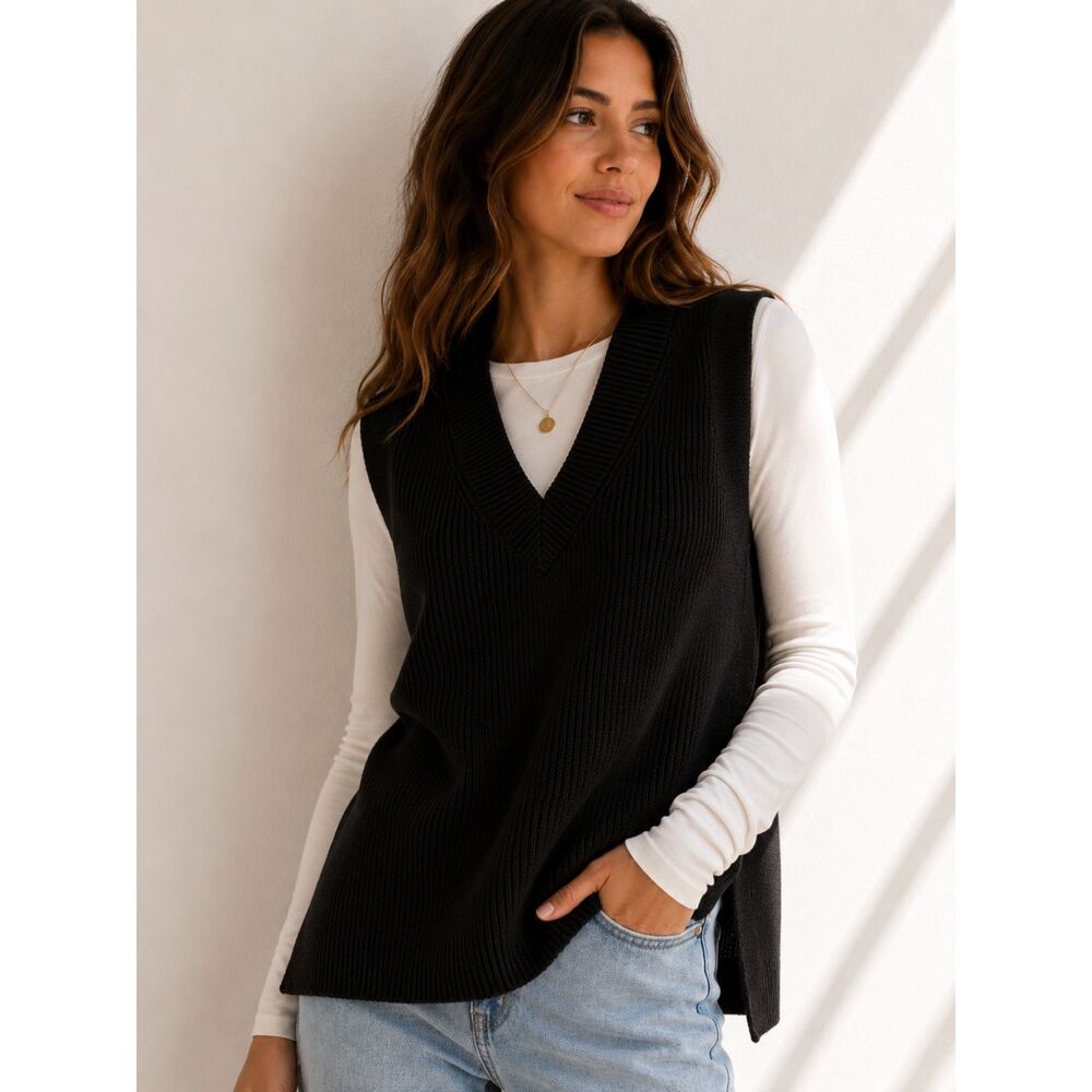 Double Zero Black Ribbed Sweater Vest Women's Large Side Slit Knit Top